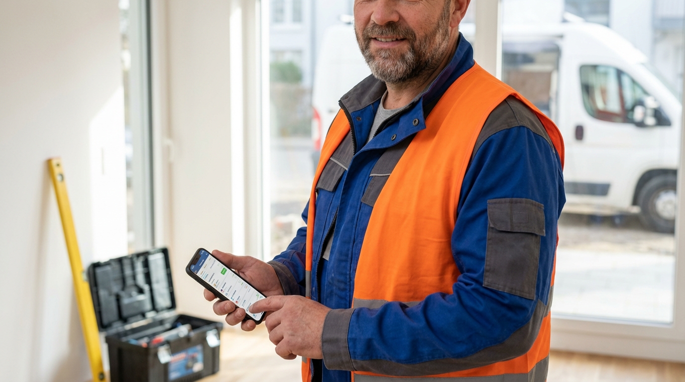 Handwerker aktualisiert digitale Auftragsverwaltung per Smartphone auf der Baustelle