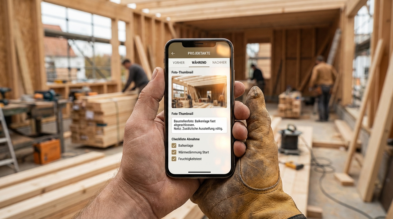 Digitale Dokumentation im Handwerk mit Fotos und Notizen auf dem Smartphone