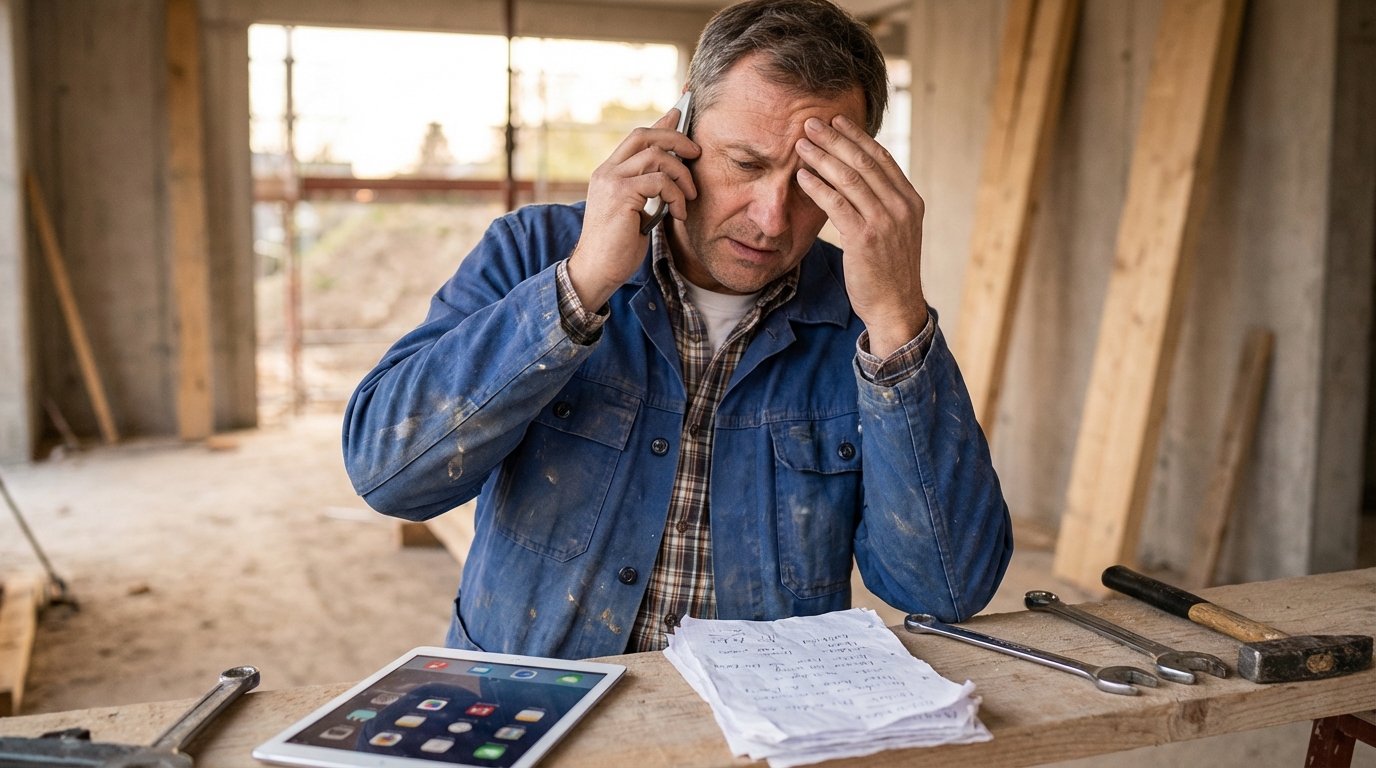 Fachkräftemangel im Handwerk. Zeitdruck durch Telefon und Anfragen auf der Baustelle